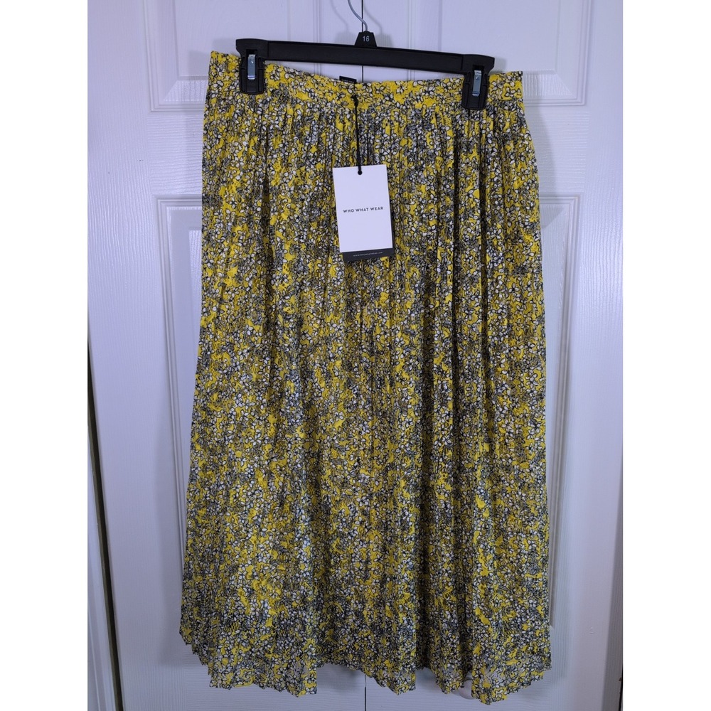 WHO WHAT WEAR Plus Size 4 Yellow Floral Lace Accordion Pleated Midi Skirt  New